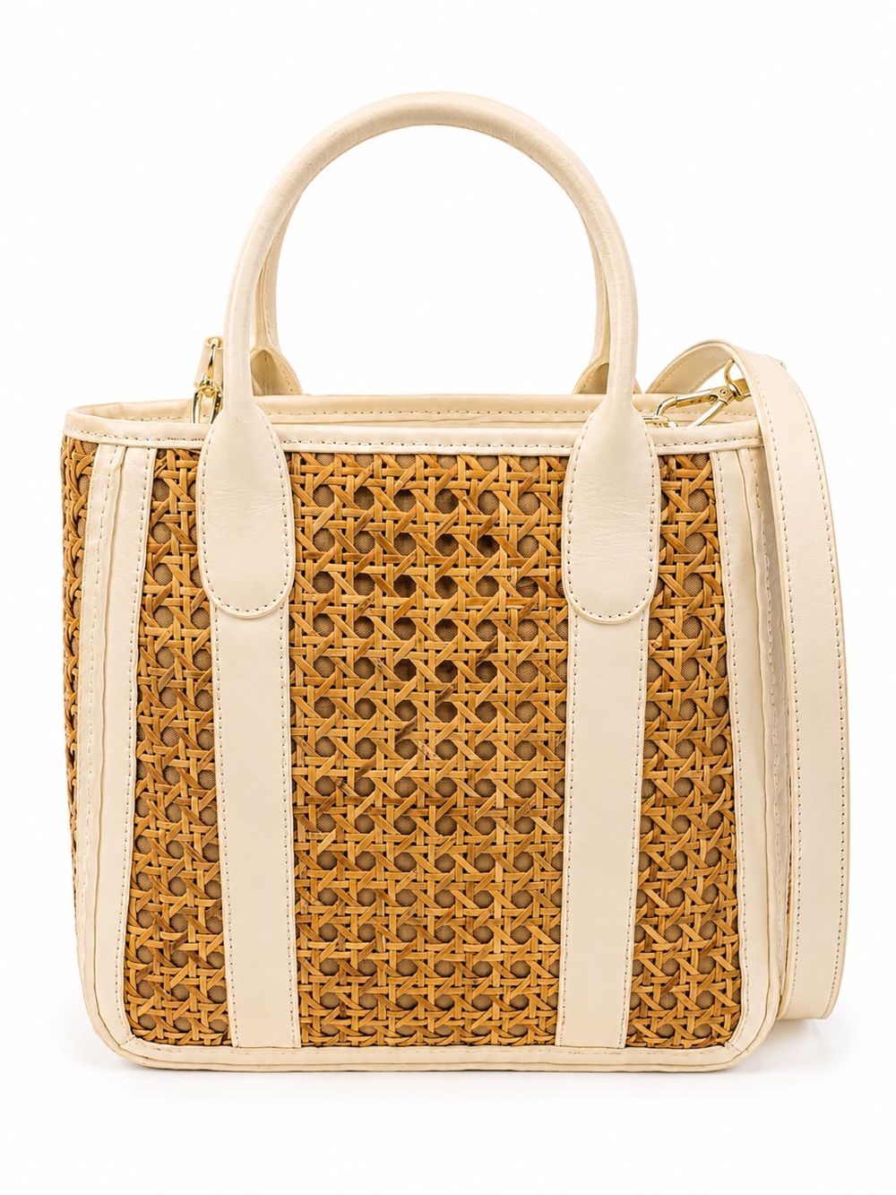 Rattan Tote Bag White Leather Trim With Detachable Crossbody Strap